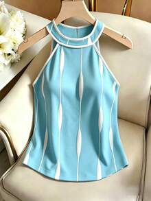 SHEIN Franclia 女款春夏新款白色掛脖圓領對比滾邊無袖優雅浪漫休閒百搭時尚街頭風通勤日常居家約會背心上衣 - 薄荷藍 - 查看 4