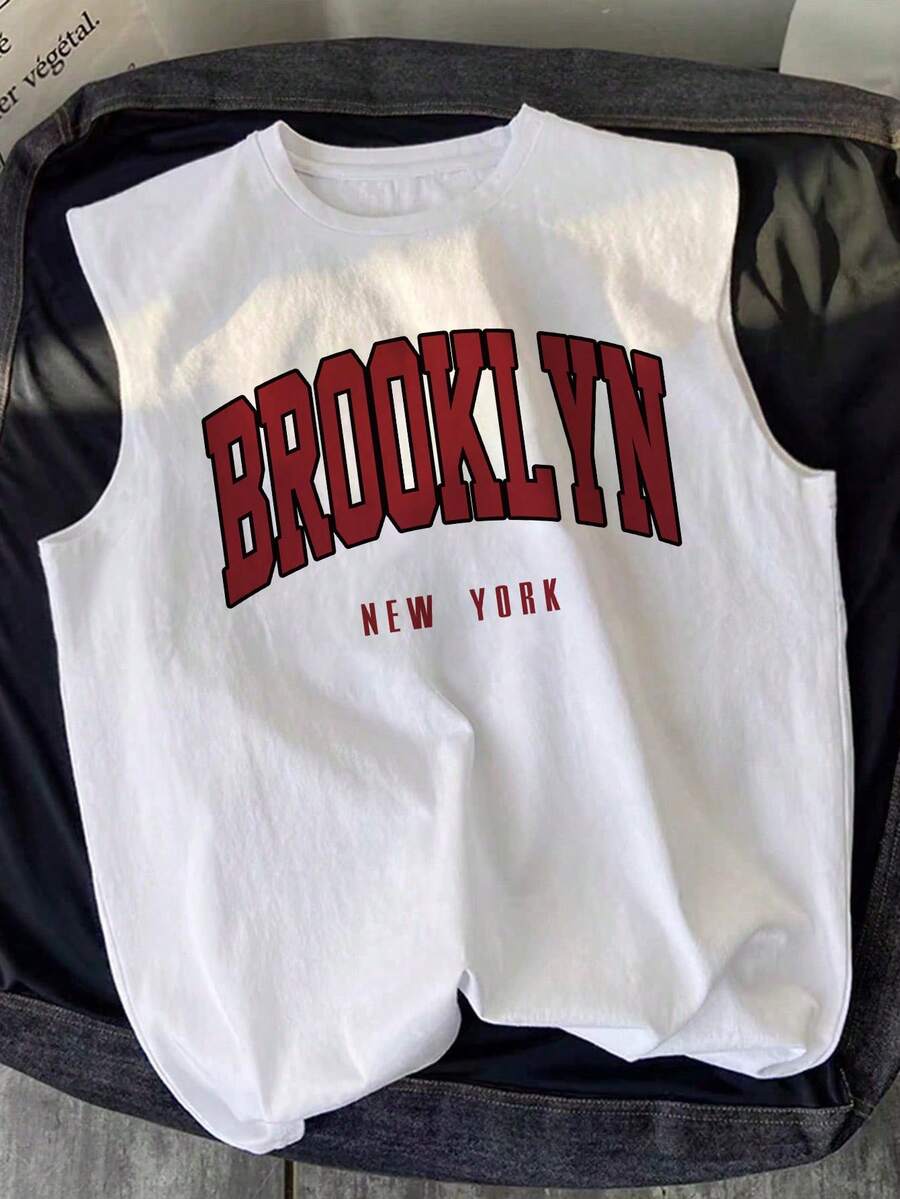 兒童小男孩休閒簡約字母圖案無袖背心,適合夏季,經典熱門城市 Brooklyn, New York 文字圖案印花 - 白色 - 查看 1