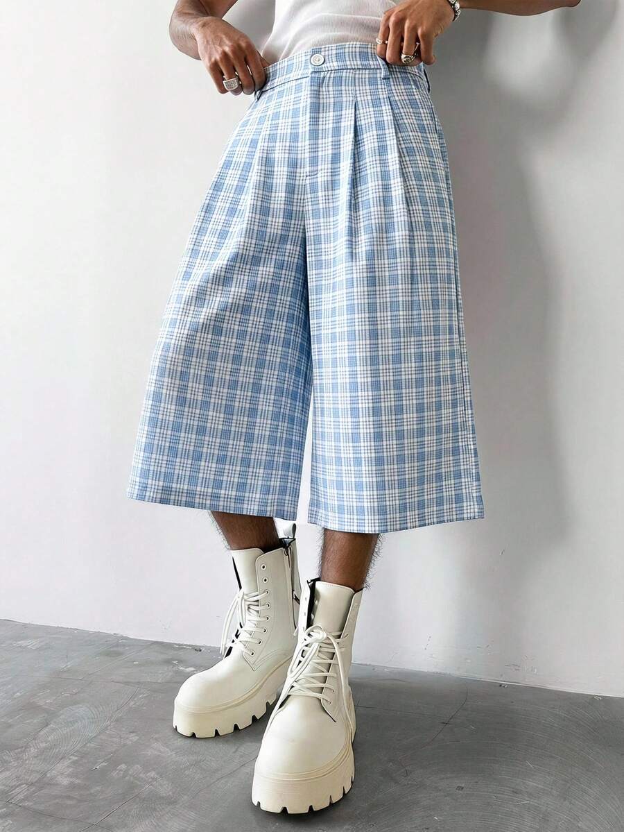 TOKVUE Men's Button Pocket Zipper Plaid Wide Leg Shorts - Blue and White - View 1