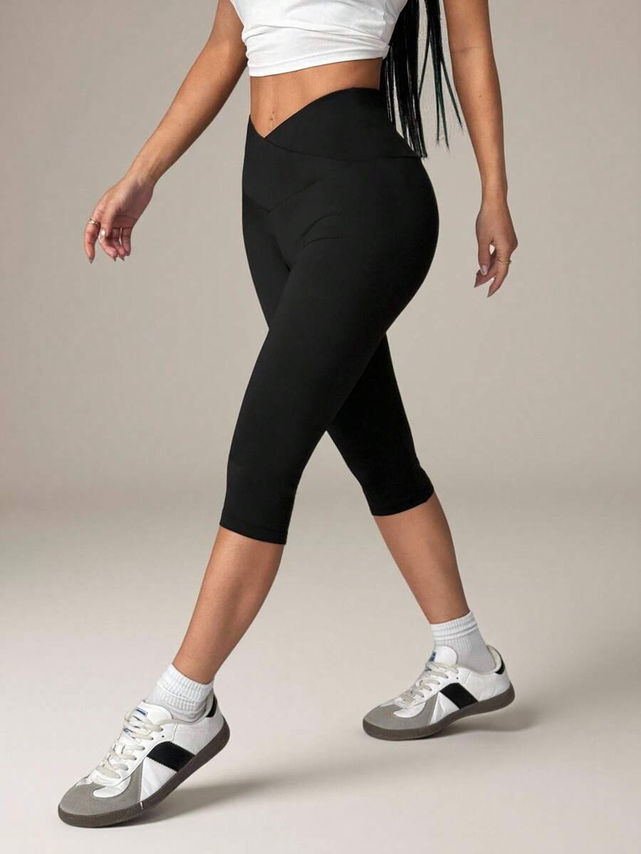 SHEIN PETITE Women's Solid Color V-Waist Elastic Skinny Pants - Black - View 1
