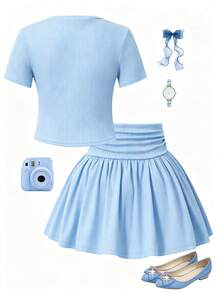 Tween Girls Ribbed Cropped Waist T-Shirt And Pleated Mini Skirt Set - Blue - View 2
