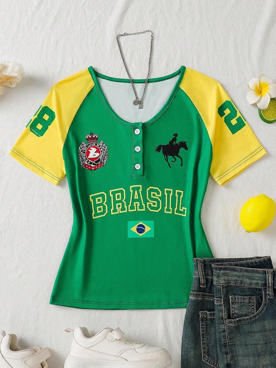 SHEIN Maglietta a maniche corte a righe stile vintage europeo e americano Y2K, adatta per ragazze e adolescenti - Verde - Visualizzare 1