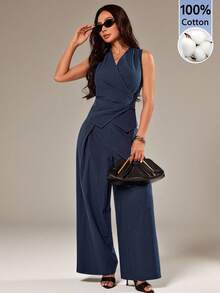 SHEIN PETITE Women's Suits, Elegant For Commuting, 100% Cotton, Comfortable, Suitable For Spring, Summer, Autumn And Winter ,Petite Women - Navy Blue - View 6