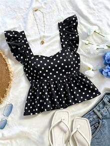 SHEIN PariChic 女款波點百褶休閒百搭日常穿著襯衫 - 黑色 - 查看 4