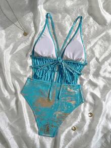 Swim SXY 優雅金色箔布料花卉抽繩連身泳衣 - 藍色 - 查看 2