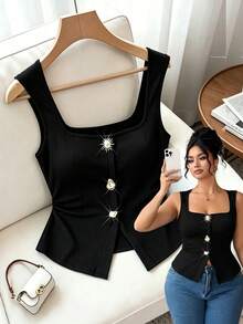Elenzga Plus Size Black Square Neck Sleeveless Ribbed Knit Crop Top Gold Sunflower Decor Button Fitted Bodycon Tank Top Curvy Figures Cocktail Summer Elegant - Black - View 1