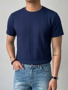 DAZY Camiseta de manga corta de unicolor en tela texturizada azul para hombre para el verano - Azul Marino - Ver 6