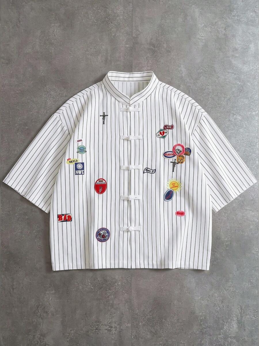 PAVTROS Men's Striped Letter Print Pocket Short Sleeve Shirt, Ceremony - White - View 1