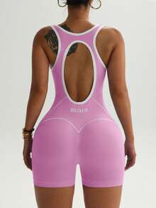 SHEIN Velisys Plus Size Women's Colorblock Casual Daily Pilates Outdoor Sports Romper Gym Powder Blue Light Pink Summer Gym Pilates - Multicolor - View 6