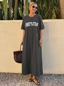 FRIFUL Women's Loose Long Dress With Letter Print, Split Line & Decorative Stitching, Summer Maxi Dress - Grey - View 11