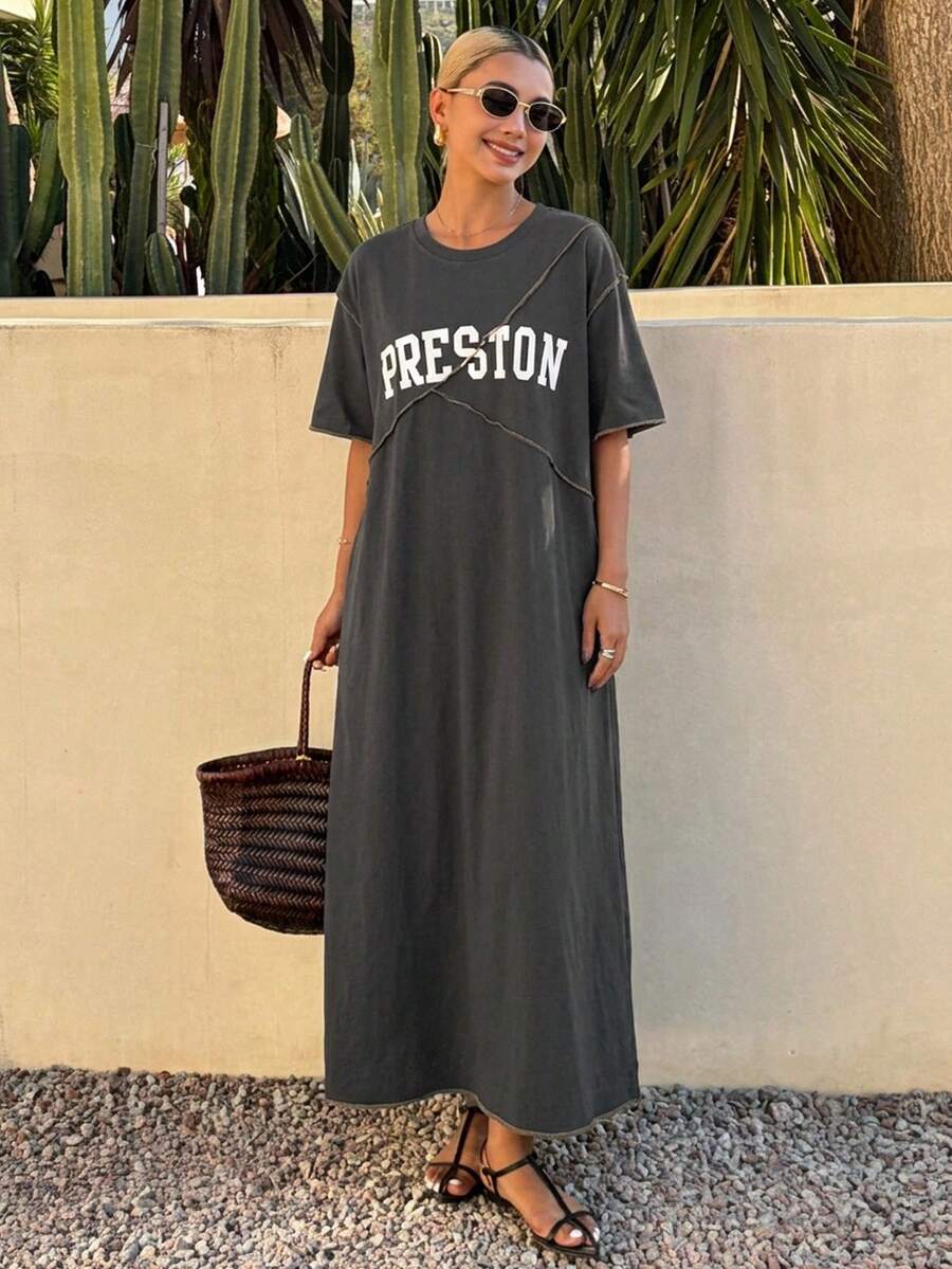 FRIFUL Women's Loose Long Dress With Letter Print, Split Line & Decorative Stitching, Summer Maxi Dress - Grey - View 1