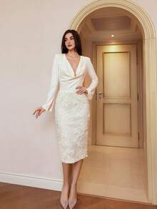 Modelyn Women's Solid Color Deep V-Neck Long Sleeve Lace Patchwork 3D Floral Dress Evening White Floral Autumn Elegant Dinner Party Casual Cocktail Wedding - Apricot - View 8