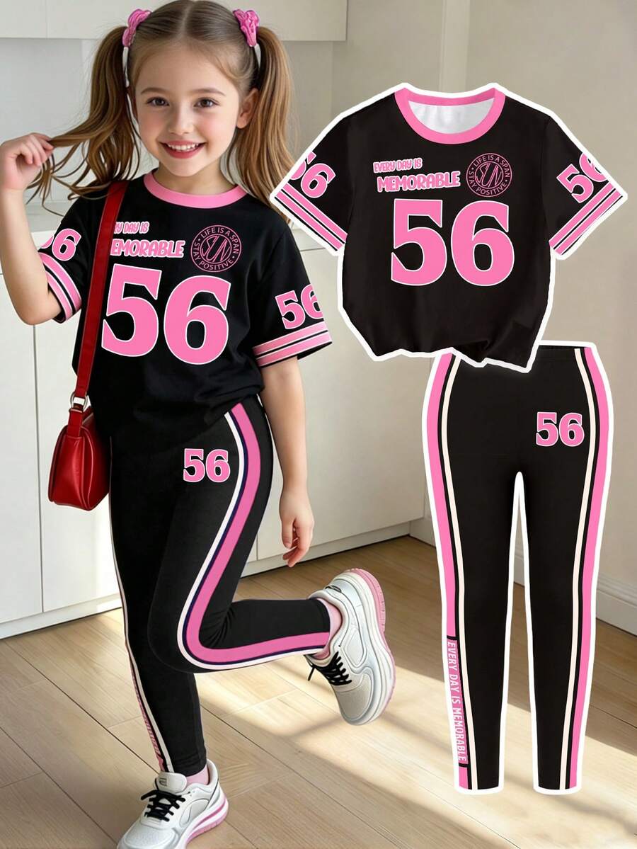 Girls Fashion Simple Number 56 Black & Rose Red Badge Striped Print Basic Short T-Shirt & Long Pants Set, Daily Wear - Multicolor - View 1