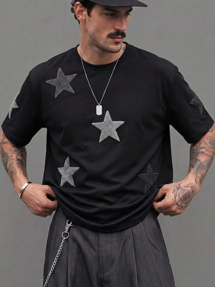 GENTILAND Men's Streetwear Star Print Embroidered T-Shirt, City Break Street-Style Popular Matching Tee, Outdoor Music Festival Gift, Football
