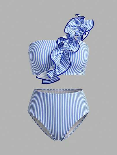 Sweetra CURVE 2026 Nuevo traje de baño de 2 piezas para tallas grandes que estiliza | Diseño de cuello asimétrico de un solo hombro que favorece los hombros y el cuello | Adornado con volantes 3D para una cobertura dulce | Patrón de rayas azul y blanco que luce fresco y favorecedor | Pantalones cortos de baño de cintura alta que ocultan la zona media y acentúan la cintura | Conjunto de traje de baño para vacaciones, playa, spa