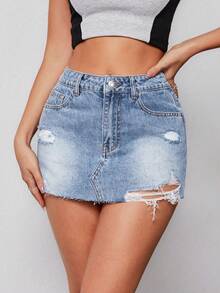 SHEIN EZwear 夏季破洞下摆牛仔迷你裙 - 中等水洗藍 - 查看 1