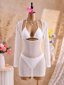 Swim SXY Vestido de cubrir de talla grande de unicolor con cuello redondo (Traje de baño no incluido) - Blanco - Ver 7