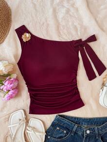 SHEIN Teen Girls' Fashion Casual Asymmetric Neck Metal Decor Lace-Up Camisole - Red - View 2