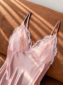 Moireta Lace Patchwork Sexy Open Back Faux Silk Camisole Nightgown For Women - Pink - View 5