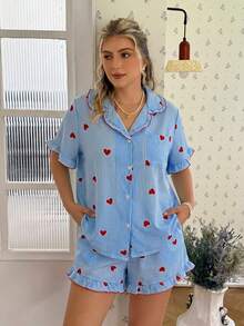 CottageSlumber Pink Heart Print Ruffle Collar Button-Front Short Sleeve Shorts Plus Size Pajama Set - Blue - View 6