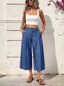 SHEIN Holidaya Pantalon 7/8 en lin décontracté pour femmes, vacances, plage, maison, lin - Bleu azur - Voir 7
