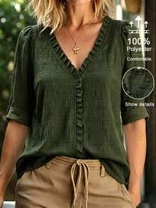 Linhara CURVE Women's Plus Size Casual V-Neck Top, Summer Outing Blouse - Army Green - View 1