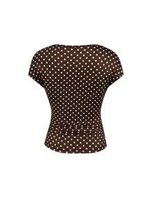 Gownix Brown And White Polka Dot Print Cowl Neck Ruched Short Sleeve Top Office Summer Elegant - Mocha Brown - View 7