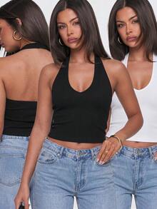 Conjunto de 2 tops cortos de punto acanalado con cuello de halter, ajuste ceñido y elástico, moda básica de verano - Blanco y Negro - Ver 6