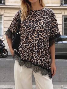 SHEIN PariChic Summer Lace Patchwork Round Neck Loose Comfortable Short Sleeve Casual Elegant Fashion Women's T-Shirt Everyday Beige - Brown - View 6