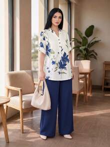 Auveirra 大码女式夏季时尚印花衬衫和裤子两件套 - 藏蓝色 - 查看 5