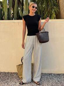 DAZY 2pcs Women Set Solid Color Round Neck Short Sleeve T-Shirt And Striped Pants Summer Lounge Sets For Women Short Sets For Women - Black - View 11