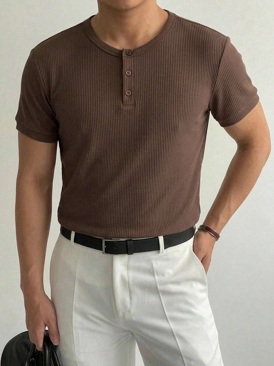 DAZY Men's Brown Solid Color Round Neck Half-Button Front Summer T-Shirt - Brown - View 1