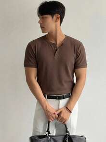 DAZY Men's Brown Solid Color Round Neck Half-Button Front Summer T-Shirt - Brown - View 5