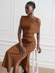 Aveloria Modichic Elegant High-End Party Luxury Asymmetric Shoulder Ruched Waist Design Brown And White Polka Dot Print Women's Padded Sleeveless Long Dress Summer - Coffee - View 7