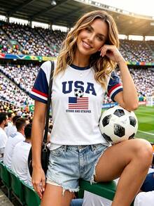 SHEIN Essnce USA字母美國國旗美式足球印花對比色短袖T恤女款 2026世界盃球迷紅白藍條紋袖寬鬆休閒上衣 - 彩色 - 查看 3