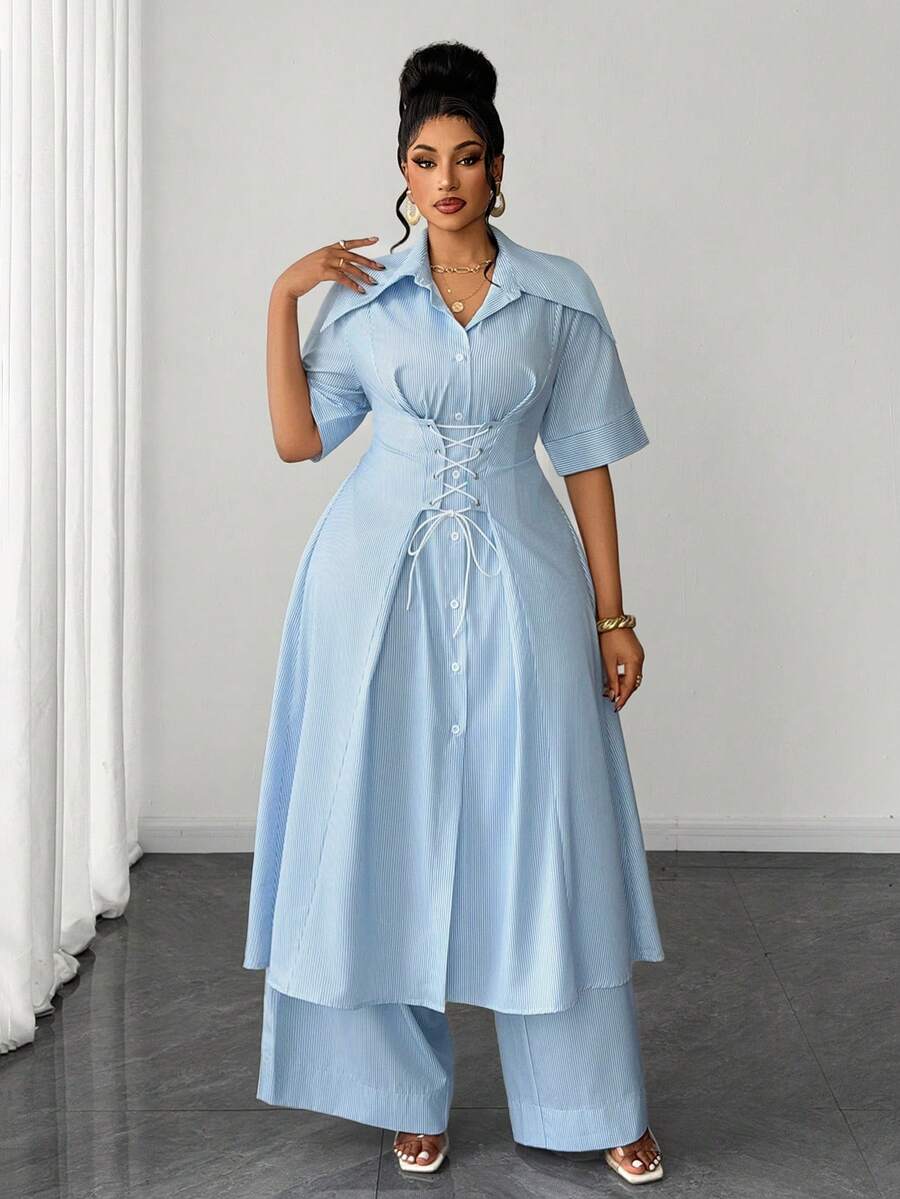 Maweii Conjunto de 2 piezas para mujer talla grande con rayas finas azul & blanco (camisa larga + pantalones de pierna ancha), estilo casual para ir al trabajo, cuello de solapa, fruncido con cordón, cierre elegante de botones de una sola - Azul y blanco - Ver 1