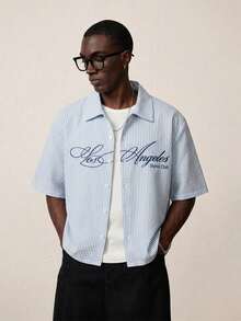 STYNVO Men's Plus Size Letter Stripe Short Sleeve Single-Breasted Shirt - Baby Blue - View 1