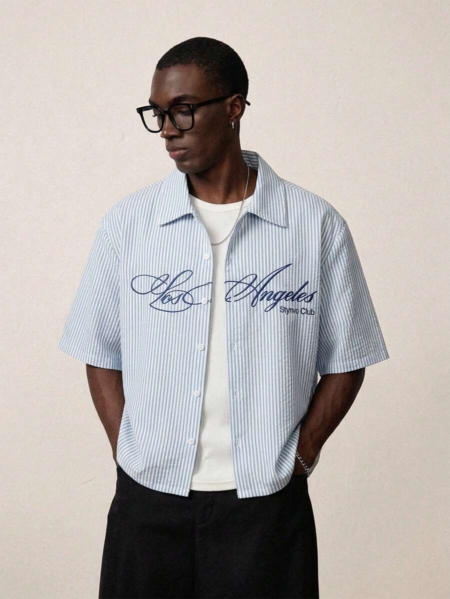 STYNVO Men's Plus Size Letter Stripe Short Sleeve Single-Breasted Shirt - Baby Blue - View 1