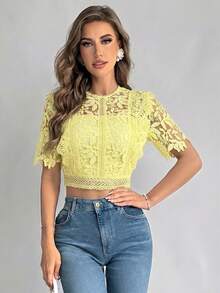 Firerie Women's Lace Casual Sheer Short Sleeve Blouse For Daily Wear,Summer Top - Yellow - View 5