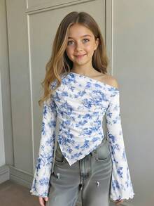 SHEIN 青少年女孩時尚法式優雅藍白花卉不對稱設計不對稱肩抓皺長袖T恤，設計師上衣，適合假期家庭戶外秋季野餐、勤奮、優雅、海灘、波希米亞、夏威夷、音樂節，秋季長袖T恤 - 藍色 - 查看 2