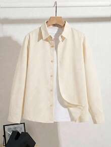 SHEIN 春/秋季青少年男孩休閒修身長袖單排扣襯衫 - 杏色 - 查看 1