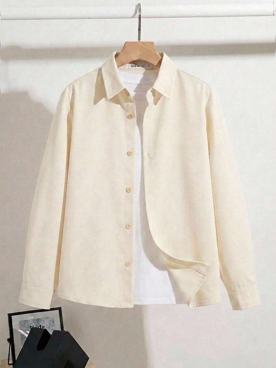 SHEIN 春/秋季青少年男孩休閒修身長袖單排扣襯衫 - 杏色 - 查看 1