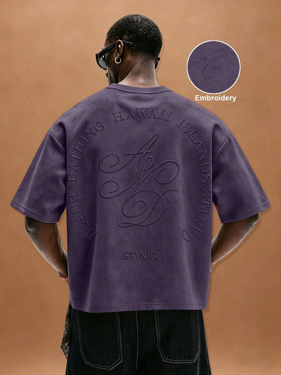 STYNVO 男士夏季休閒字母刺繡T恤 - 紫色 - 查看 1