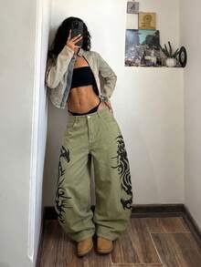 StreetHx Plus Size Fashion 2000s 90s Vintage Retro Print Curved Leg Wide Leg Jeans Date Night Green Summer - Olive Green - View 6