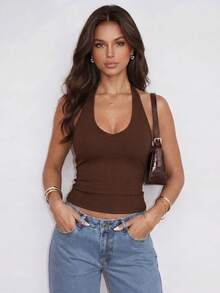 Conjunto de 2 tops cortos de punto acanalado con cuello de halter para mujer, top básico de verano de ajuste ceñido y elástico - Café integral - Ver 4