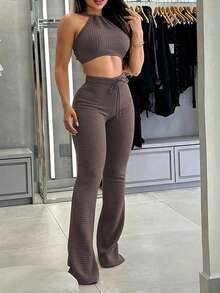 EMERY ROSE Casual Vacation Halter Neck Backless Tie-Up Tank Top & Slim Fit Flare Leggings 2 Pieces Set - Mocha Brown - View 3