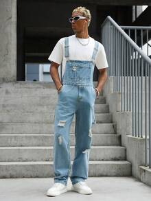 Manfinity EMRG American Retro Streetwear Light Blue Washed Denim Overalls With Distressed Details, Loose Straight Leg Long Pants For Summer Holiday - Blue - View 3