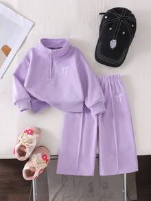 SHEIN Baby Girl Bowknot Embroidered Sweatshirt & Sweatpants Set - Purple - View 1