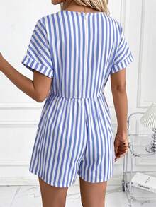 SHEIN Clasi 女款條紋時尚V領口袋休閒連身褲 - 藍白色 - 查看 2