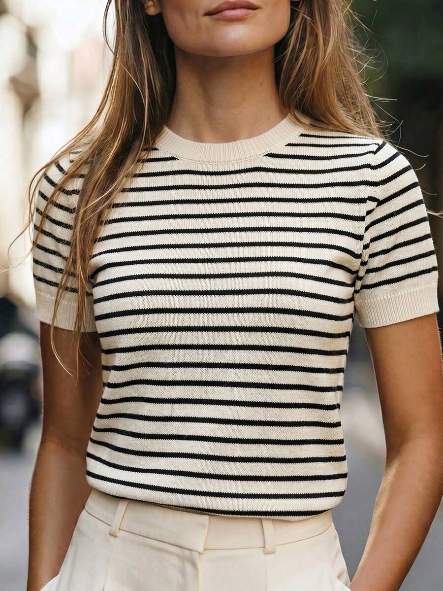 SHEIN 新款女款極簡法式圓領拼色條紋短袖針織上衣,夏季上衣 - 彩色 - 查看 1